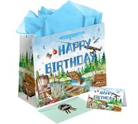 Sumerk 13" Gone Fishing Birthday Gift Bag with Tissue Papers and Greeting Card, Envelope and Stickers - Fishing Theme Birthday Gifts Wrapping Bag for Men and Women