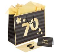Sumerk 13" Large Gift Bag Set, Black Gold 70th Birthday Gift Bag, 3 PCS Gold Tissue Wrapping Paper, 2 PCS 70th Stickers, Birthday Card with Envelope