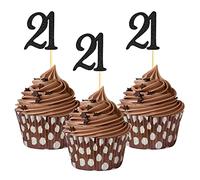 Sumerk 24PCS 21 Cupcake toppers Black Glitter 21th Birthday Cupcake Picks Anniversary Party Decorations