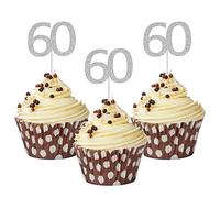 Sumerk 24PCS 60 Cupcake toppers Silver Glitter 60th Birthday Cupcake Picks Anniversary Party Decorations