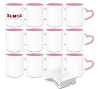 Sumex 11oz Set of 12 Sublimation Blanks Ceramic Coffee Mug with Heart Handle for Tea, Milk, Latte, Hot Cocoa,Pink Inner and Handle