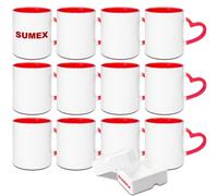 Sumex 11oz Set of 12 Sublimation Blanks Ceramic Coffee Mug with Heart Handle for Tea, Milk, Latte, Hot Cocoa,Red Inner and Handle