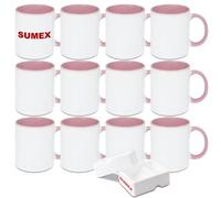 Sumex 11oz Set of 12 Sublimation Blanks Ceramic Coffee Mugs for Tea, Milk, Latte, Hot Cocoa,Pink Inner and Handle