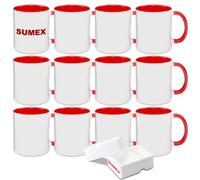 Sumex 11oz Set of 12 Sublimation Blanks Ceramic Coffee Mugs for Tea, Milk, Latte, Hot Cocoa,Red Inner and Handle