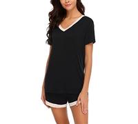 Sumeyuyu Women's Pyjama Set, Soft Cotton Sleepwear with V-Neck, 2-Piece Lounge Wear Top & Bottom, Comfortable PJs with Pockets, Perfect for Relaxing & Sleeping Black