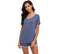 Sumeyuyu Women's Pyjama Set, Soft Cotton Sleepwear with V-Neck, 2-Piece Lounge Wear Top & Bottom, Comfortable PJs with Pockets, Perfect for Relaxing & Sleeping Navy