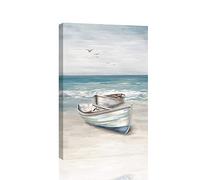 SUMGAR Coastal Wall Art, Beach Boats Pictures Hanging Home Decor, 40x60cm | Ocean Seaside Landscape Canvas Wall Art for Bathroom Living Room Bedroom, Teal Blue Framed Poster Prints Artwork, with Hook