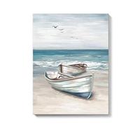 SUMGAR Coastal Wall Art, Seaside Beach Boat Canvas Artwork Framed, Teal Blue Ocean Seascape Pictures for Bathroom Bedroom Living Room Walls, with Hooks and Nails, 30x40cm