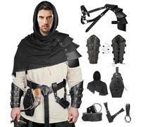 SUMGOGO 8-in-1 Medieval Knight Costume Sets Mens Renaissance Half Shoulder Armor Cape Scarf Bracer Belt Hook Retro Sword Frog, Black, One size