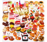 Sumind 100 Pieces Min Food Drinks Toys Mixed Pretend Foods for Dollhouse Kitchen Play Resin Miniature for Adults Teenagers Doll House(Hamburger, Pizza, Cake, Bread)
