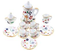 Sumind 15 Pieces Miniature Porcelain Tea Cup Set Kitchen Miniature Porcelain Set Mini Flower Pattern Teapot Cup Plates Kitchen Accessories(Gold Leaf Style)