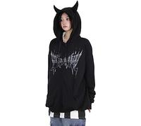 Sumleno Devil Horn Zip Up Hoodie Women Y2K Clothing Oversized Emo Alt Hooded Sweatshirt Punk Goth Aesthetic Grunge Pullover, B Midnight, XXL