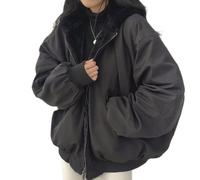 Sumleno Sherpa Jacket for Women Teen Girls Reversible Y2k Zip Up Hoodie Fleece Fur Grunge Winter Coat Cutecore Korean Clothes, Black, XL