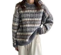 Sumleno Women's Argyle Print Pullover Aztec Western Sweater Crewneck Grandpa Sweaters Vintage Aesthetic Fairy Grunge Clothes, Gray, M