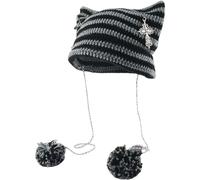 Sumleno Y2k Beanies Crochet Knitted Cat Hats Goth Cross Devil Hat Striped Alt Emo Accessories Grunge Y2k Aesthetic Clothes, Gray, One Size