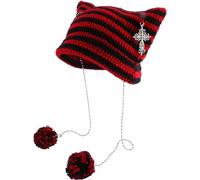 Sumleno Y2k Beanies Crochet Knitted Cat Hats Goth Cross Devil Hat Striped Alt Emo Accessories Grunge Y2k Aesthetic Clothes, Red, One Size