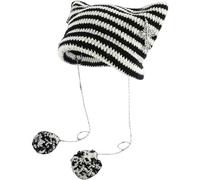 Sumleno Y2k Beanies Crochet Knitted Cat Hats Goth Cross Devil Hat Striped Alt Emo Accessories Grunge Y2k Aesthetic Clothes, White, One Size