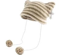Sumleno Y2k Beanies Crochet Knitted Cat Hats Goth Cross Devil Hat Striped Alt Emo Accessories Grunge Y2k Aesthetic Clothes, Khaki, One Size