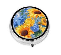 Summer Abstract Sunflowers Round Pill Box with 3 Compartments, Mini Metal Pill Organizer for Purse or Pocket, Lightweight Portable for Daily Use Gifts Travel