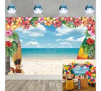 Summer Aloha Backdrop Luau Tropical Flowers Blue Sky Ocean Surfboard Hawaii Beach Photography Background Newborn Baby Shower Birthday Party Decoration Banner Photo Booth Props (7x5FT)