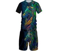 Summer Animal Wolf 3D Printed Short Sleeved Shorts Set, Casual Street Sports Men's and Women's Set (M,4)