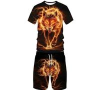 Summer Animal Wolf 3D Printed Short Sleeved Shorts Set, Casual Street Sports Men's and Women's Set (S,9)