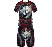Summer Animal Wolf 3D Printed Short Sleeved Shorts Set, Casual Street Sports Men's and Women's Set (XL,3)