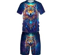 Summer Animal Wolf 3D Printed Short Sleeved Shorts Set, Casual Street Sports Men's and Women's Set (XXL,6)