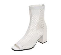Summer Ankle Boots Women's Back Zip High Heels Boots Classic & Fashionable Mesh Ankle Boots with Peep Toe and Block Heels Short Shaft Women's Boots Short Boots Leisure Breathable Shoes, White, 4 UK