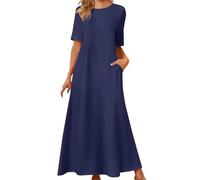 Summer Ankle-Length Dresss for Women UK 2025 Short Sleeve Maxi Dress Casual Crewneck Swing a Line Long T Shirt Dress with Pockets Full-Length Fitted Waist Dress (Navy, L)