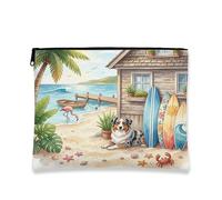 Summer Australian Shepherd Dog Beach Makeup Bag 7x9 Inch for Travel Pouch, Coastal Puppy Beachy Cottage Toiletry Cosmetic Pouch for Women, Fun Portable Canvas Zipper Organizer