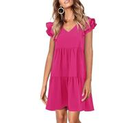 Summer Babydoll Dresses for Women 2025 Cute Ruffle Cap Sleeve V-Neck Flowy Swing Mini Dress Sundress (RoseRed, XXL)