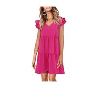 Summer Babydoll Dresses for Women 2025 Cute Ruffle Cap Sleeve V-Neck Flowy Swing Mini Dress Sundress (RoseRed, XL)