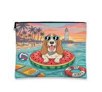 Summer Basset Hound Dog Beach Makeup Bag 7x9 Inch for Travel Purse, Coastal Puppy Beachy Swim Pattern Cosmetic Pouch for Women, Tropical Portable Canvas Zipper Organizer