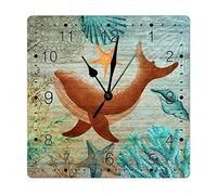 Summer Beach 15inch Wooden Decorative Wall Clock Beach Theme Ocean Whale Square Clock Vintage Country Style Whale Home Decorative Clocks Quality Quartz Silent Wall Clocks for Kitchen Dinning Room