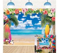 Summer Beach Backdrop Hawaiian Party Decorations 7x5FT Tropical Flower Palm Leaves Surfboard Photography Background Hawaiian Themed Birthday Party Supplies Photo Props