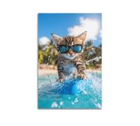 Summer Beach Cat Surfing Canvas Wall Art Blue Beach Ocean Waves Abstract Seascape Painting Coastal Print Canvas Poster for L 08x12inch(20x30cm)