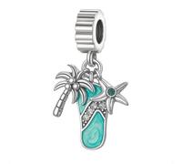 Summer Beach Collection Charm Bead for Pandora Moments Bracelets Flip Flop Starfish and Palm Tree Elegantly Plated in Fine Silver Decorated with Crystals Her Girls Women - Happy Birthday Gift Box