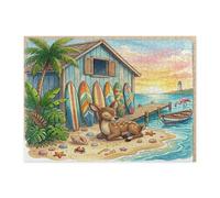 Summer Beach Deer Jigsaw Puzzles for Adults 500 Piece, Tropical Coastal Beachy Cottage Wooden Puzzles, Fun Animal Pattern Decor for Home Entertainment