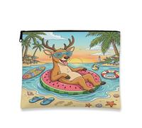 Summer Beach Deer Makeup Bag 7x9 Inch for Travel Purse, Tropical Coastal Beachy Swim Ring Pattern Cosmetic Pouch for Women, Fun Animal Portable Canvas Zipper Organizer