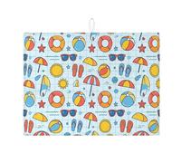 Summer Beach Dish Drying Mats for Kitchen, Colorful Beach Balls and Sunglasses Absorbent Drainer Rack Mat, Fun Coastal Microfiber Pad for Counter Protector 18x24 Inch