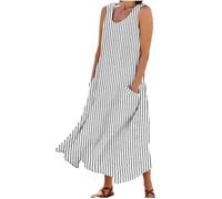 Summer Beach Dresses for Women UK Cotton Linen Maxi Dress Sleeveless Casual Holiday Sundress Boho Solid Color Long Dress Ladies Elegant Loose Tunic Dresses A-Line Swing Sundresses with Pockets White