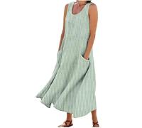 Summer Beach Dresses for Women UK Cotton Linen Maxi Dress Sleeveless Casual Holiday Sundress Boho Solid Color Long Dress Ladies Elegant Loose Tunic Dresses A-Line Swing Sundresses with Pockets Green