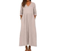 Summer Beach Dresses for Women UK Linen Shift Midi Dress Oversized Flowy Solid Color 3/4 Sleeve V Neck Cotton Maxi with Pockets (Light Blue, M)