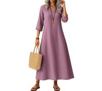 Summer Beach Dresses for Women UK Linen Shirt Dress Classic Flowy Solid Color Long Sleeve V Neck Cotton Maxi with Hemline Bohemian (Purple, S)