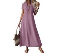 Summer Beach Dresses for Women UK Maxi Plus Size Casual Solid Color V Neck Sleeveless/Short Sleeve Flowy Cotton Linen Dress T Shirt (Purple,