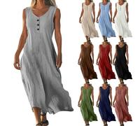 Summer Beach Dresses for Women UK Shirt Black and White Dress Casual Flowy Solid Color Button V Neck Sleeveless Cotton Linen Maxi with Hemline Long Sleeve (Gray, XXL)