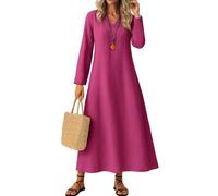 Summer Beach Dresses for Women UK Women's Linen Loose Classic Flowy Solid Color Long Sleeve V Neck Cotton Maxi Dress with Hemline Sleeveless (Light Brown, L)