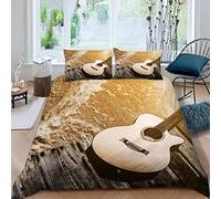 Summer Beach Duvet Cover Set 3D Printed Guitar Travel Bedding Set Single for Kids Boys Girls Bedroom Comforter Cover Soft Microfiber Quilt Cover with Zipper Closure with 2 Pillowcases