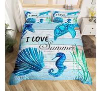 Summer Beach Duvet Cover Set Single Size, Sea Turtle Seahorse Scallop Starfish Comforter Cover with 1 Pillowcase, Marine Animal Bedding Set 2pcs for Kids Girls Blue Wood Plank Bedspread Cover